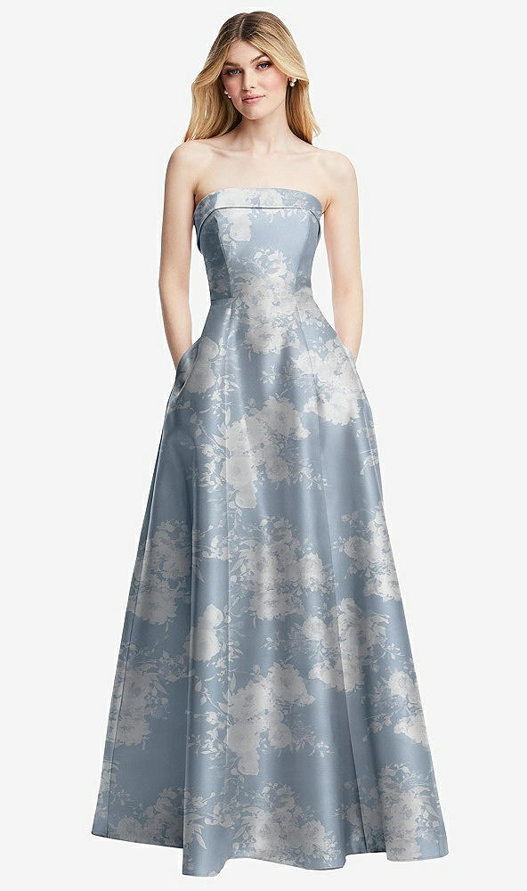 Front View - Porcelain Blue Seraphina Floral Strapless Bias Cuff Bodice Floral Satin Gown with Pockets