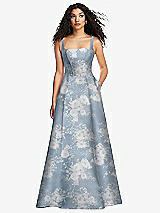 Front View Thumbnail - Porcelain Blue Seraphina Floral Boned Corset Closed-Back Floral Satin Gown with Full Skirt