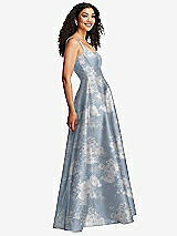 Side View Thumbnail - Porcelain Blue Seraphina Floral Boned Corset Closed-Back Floral Satin Gown with Full Skirt