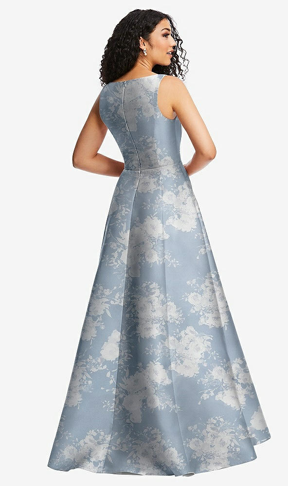 Back View - Porcelain Blue Seraphina Floral Boned Corset Closed-Back Floral Satin Gown with Full Skirt