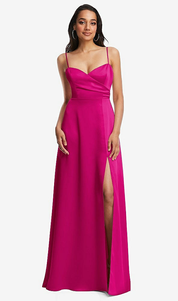 Front View - Think Pink Adjustable Strap A-Line Faux Wrap Maxi Dress