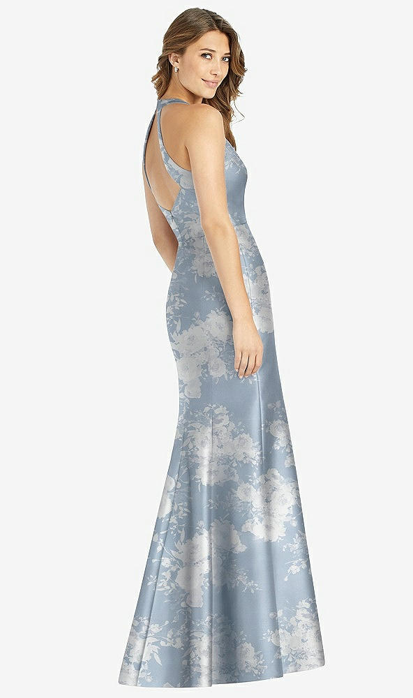 Back View - Porcelain Blue Seraphina Floral V-Neck Halter Floral Satin Trumpet Gown with Front Slit