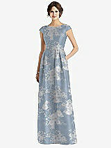 Front View Thumbnail - Porcelain Blue Seraphina Floral Cap Sleeve Pleated Skirt Floral Satin Dress with Pockets