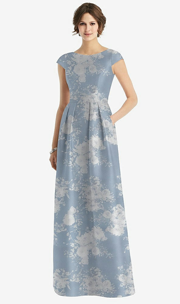 Front View - Porcelain Blue Seraphina Floral Cap Sleeve Pleated Skirt Floral Satin Dress with Pockets