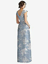 Rear View Thumbnail - Porcelain Blue Seraphina Floral Cap Sleeve Pleated Skirt Floral Satin Dress with Pockets