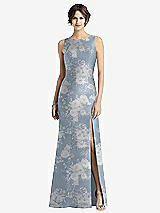 Front View Thumbnail - Porcelain Blue Seraphina Floral Sleeveless Floral Satin Trumpet Gown with Bow at Open-Back