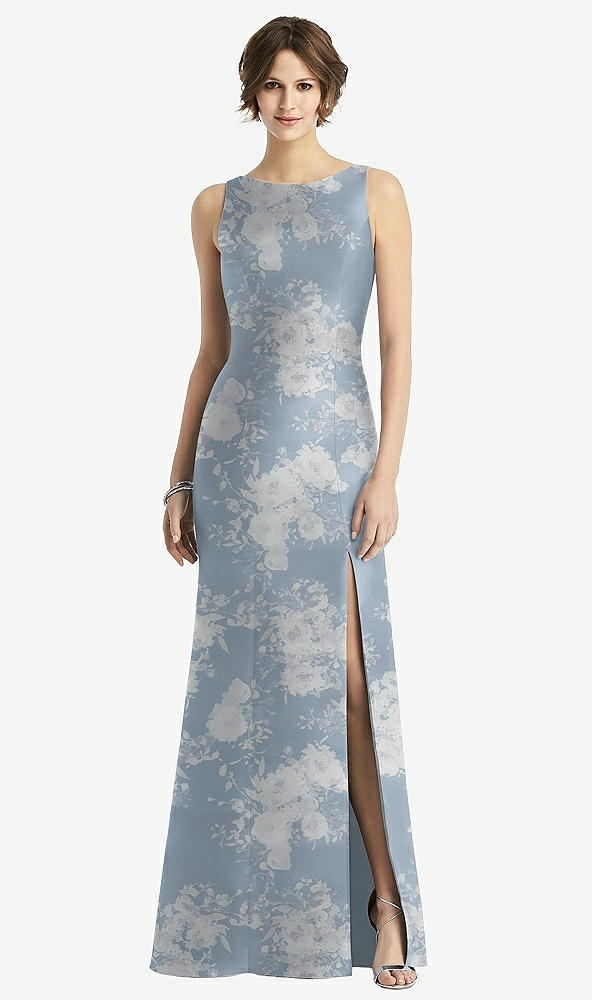 Front View - Porcelain Blue Seraphina Floral Sleeveless Floral Satin Trumpet Gown with Bow at Open-Back