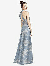 Rear View Thumbnail - Porcelain Blue Seraphina Floral High-Neck Cutout Floral Satin Dress with Pockets