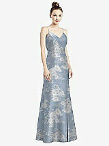 Front View Thumbnail - Porcelain Blue Seraphina Floral Open-Back Bow Tie Floral Satin Trumpet Gown