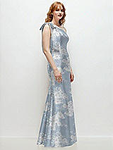 Alt View 5 Thumbnail - Porcelain Blue Seraphina Floral Bow One-Shoulder Floral Satin Trumpet Gown