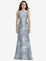 Front View Thumbnail - Porcelain Blue Seraphina Floral Jewel Neck Bowed Open-Back Floral SatinTrumpet Dress