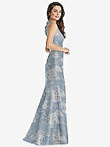 Side View Thumbnail - Porcelain Blue Seraphina Floral Jewel Neck Bowed Open-Back Floral SatinTrumpet Dress