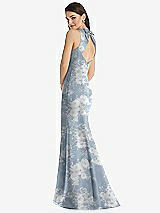 Rear View Thumbnail - Porcelain Blue Seraphina Floral Jewel Neck Bowed Open-Back Floral SatinTrumpet Dress