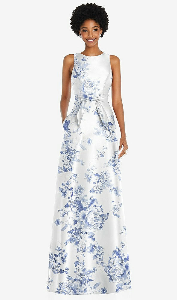 Front View - Cottage Rose Larkspur Jewel-Neck V-Back Floral Satin Maxi Dress with Mini Sash