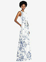 Side View Thumbnail - Cottage Rose Larkspur Jewel-Neck V-Back Floral Satin Maxi Dress with Mini Sash