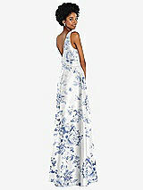 Rear View Thumbnail - Cottage Rose Larkspur Jewel-Neck V-Back Floral Satin Maxi Dress with Mini Sash