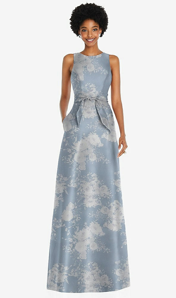 Front View - Porcelain Blue Seraphina Floral Jewel-Neck V-Back Floral Satin Maxi Dress with Mini Sash