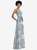 Side View Thumbnail - Porcelain Blue Seraphina Floral Jewel-Neck V-Back Floral Satin Maxi Dress with Mini Sash