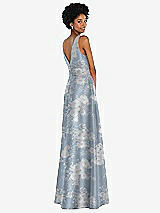 Rear View Thumbnail - Porcelain Blue Seraphina Floral Jewel-Neck V-Back Floral Satin Maxi Dress with Mini Sash