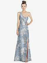 Front View Thumbnail - Porcelain Blue Seraphina Floral Draped One-Shoulder Floral Satin Trumpet Gown with Front Slit