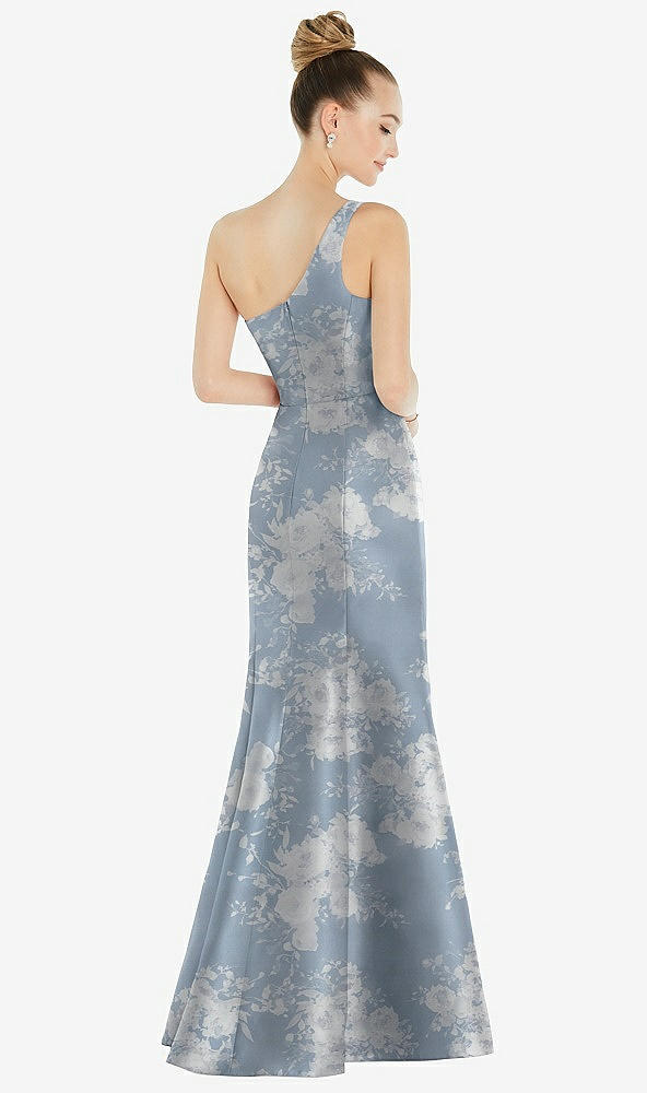 Back View - Porcelain Blue Seraphina Floral Draped One-Shoulder Floral Satin Trumpet Gown with Front Slit