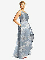 Side View Thumbnail - Porcelain Blue Seraphina Floral One-Shoulder Floral Satin Gown with Draped Front Slit