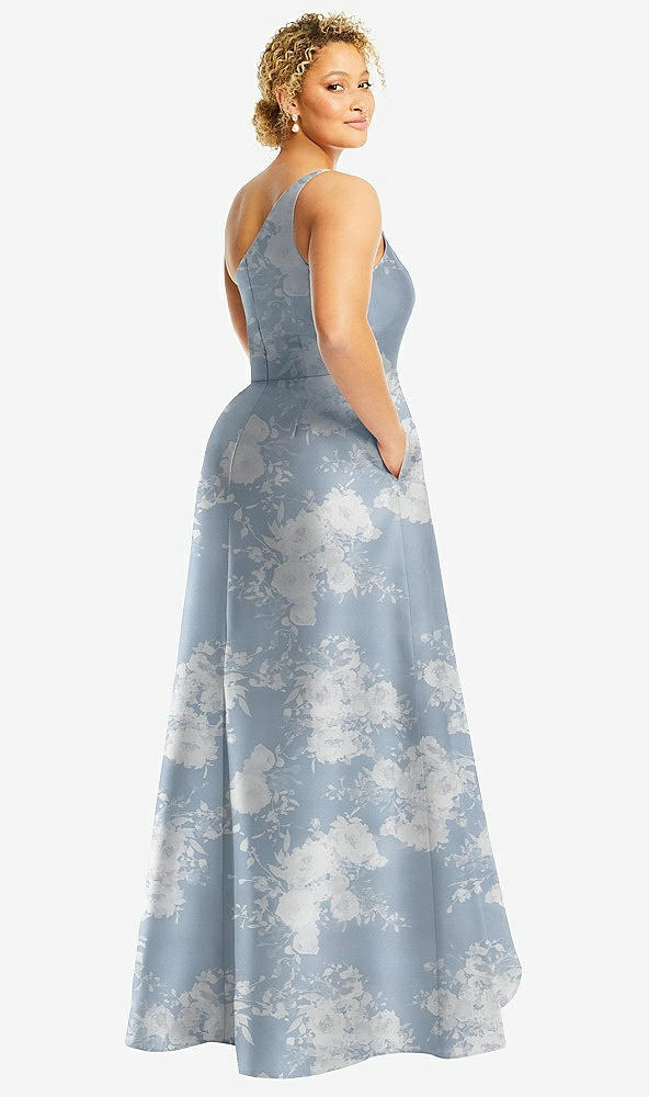 Back View - Porcelain Blue Seraphina Floral One-Shoulder Floral Satin Gown with Draped Front Slit