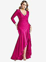 Front View Thumbnail - Think Pink Long Sleeve Pleated Wrap Ruffled High Low Stretch Satin Gown