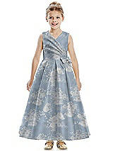 Front View Thumbnail - Porcelain Blue Seraphina Floral Floral Faux Wrap Pleated Skirt Satin Flower Girl Dress with Bow