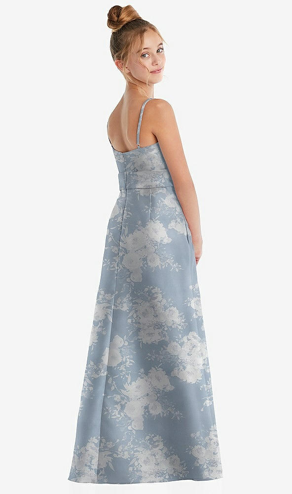 Back View - Porcelain Blue Seraphina Floral Floral A-Line Satin Junior Bridesmaid Dress with Mini Sash