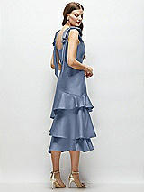 Alt View 3 Thumbnail - Larkspur Blue Bow-Shoulder Satin Midi Dress with Asymmetrical Tiered Skirt