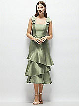 Alt View 1 Thumbnail - Sage Bow-Shoulder Satin Midi Dress with Asymmetrical Tiered Skirt