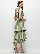 Alt View 3 Thumbnail - Sage Bow-Shoulder Satin Midi Dress with Asymmetrical Tiered Skirt