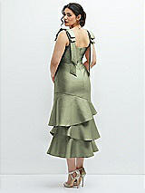 Front View Thumbnail - Sage Bow-Shoulder Satin Midi Dress with Asymmetrical Tiered Skirt