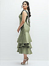 Side View Thumbnail - Sage Bow-Shoulder Satin Midi Dress with Asymmetrical Tiered Skirt