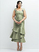 Rear View Thumbnail - Sage Bow-Shoulder Satin Midi Dress with Asymmetrical Tiered Skirt