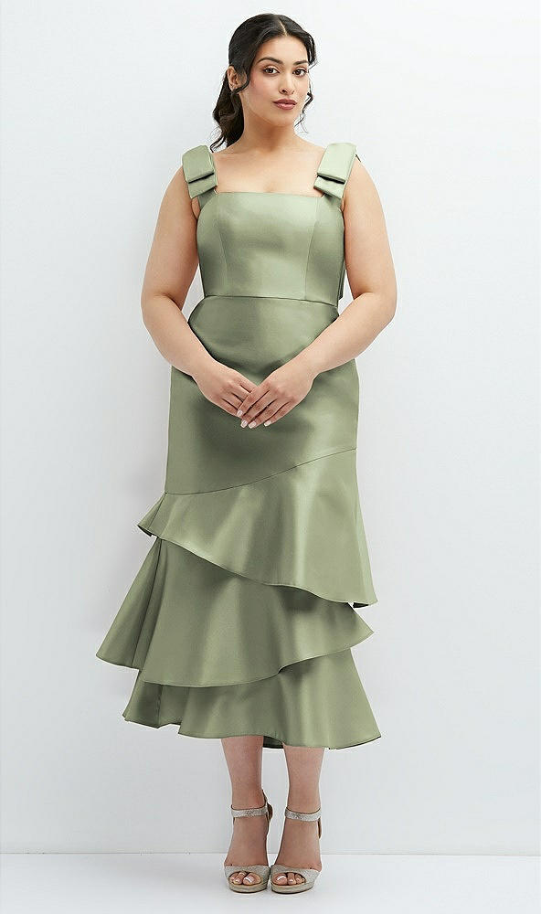 Back View - Sage Bow-Shoulder Satin Midi Dress with Asymmetrical Tiered Skirt