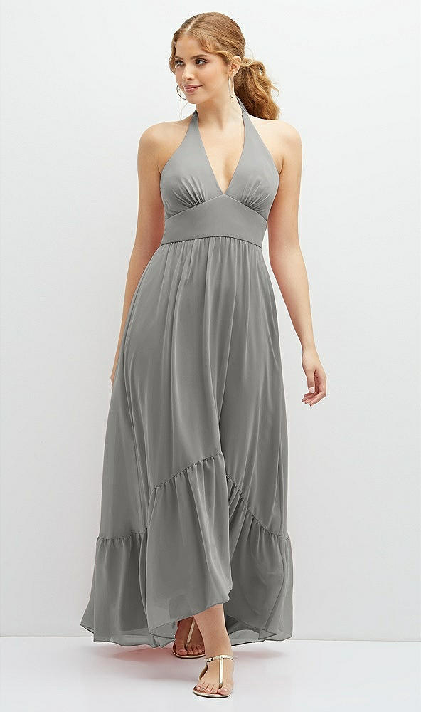 Front View - Chelsea Gray Chiffon Halter High-Low Dress with Deep Ruffle Hem