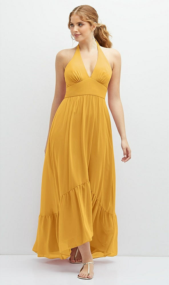 Front View - NYC Yellow Chiffon Halter High-Low Dress with Deep Ruffle Hem