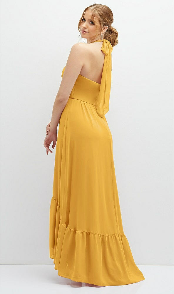 Back View - NYC Yellow Chiffon Halter High-Low Dress with Deep Ruffle Hem