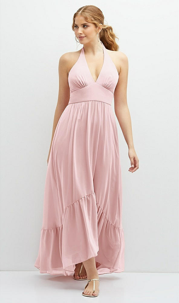 Front View - Ballet Pink Chiffon Halter High-Low Dress with Deep Ruffle Hem