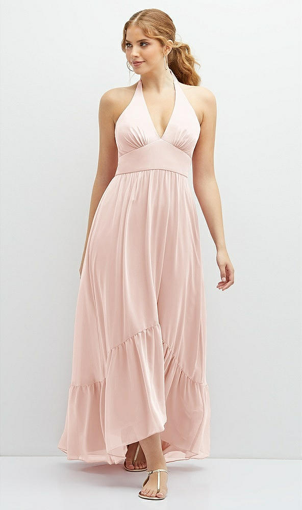 Front View - Blush Chiffon Halter High-Low Dress with Deep Ruffle Hem