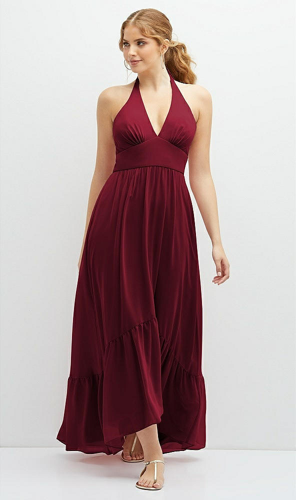 Front View - Burgundy Chiffon Halter High-Low Dress with Deep Ruffle Hem