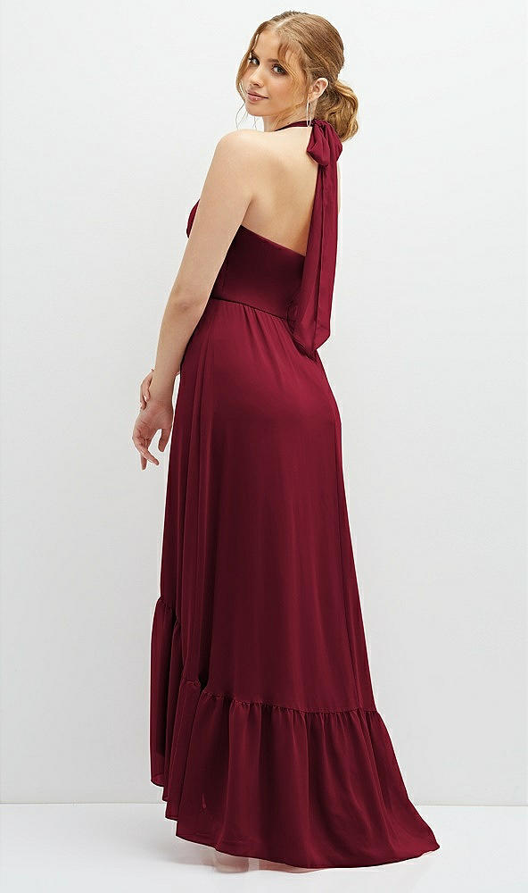 Back View - Burgundy Chiffon Halter High-Low Dress with Deep Ruffle Hem