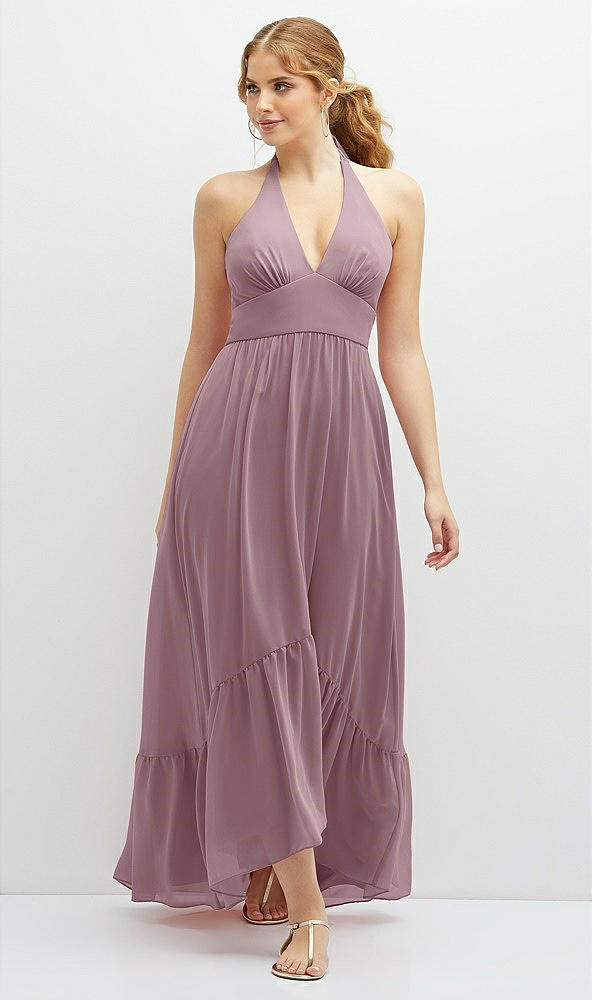 Front View - Dusty Rose Chiffon Halter High-Low Dress with Deep Ruffle Hem