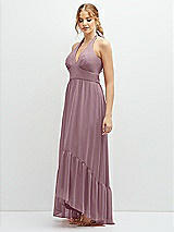 Side View Thumbnail - Dusty Rose Chiffon Halter High-Low Dress with Deep Ruffle Hem