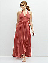 Front View Thumbnail - Coral Pink Chiffon Halter High-Low Dress with Deep Ruffle Hem