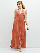 Front View Thumbnail - Terracotta Copper Chiffon Halter High-Low Dress with Deep Ruffle Hem