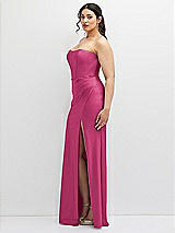 Side View Thumbnail - Tea Rose Strapless Stretch Satin Corset Dress with Draped Column Skirt