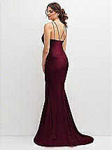 Rear View Thumbnail - Cabernet Halter Asymmetrical Draped Stretch Satin Mermaid Dress with Rhinestone Straps